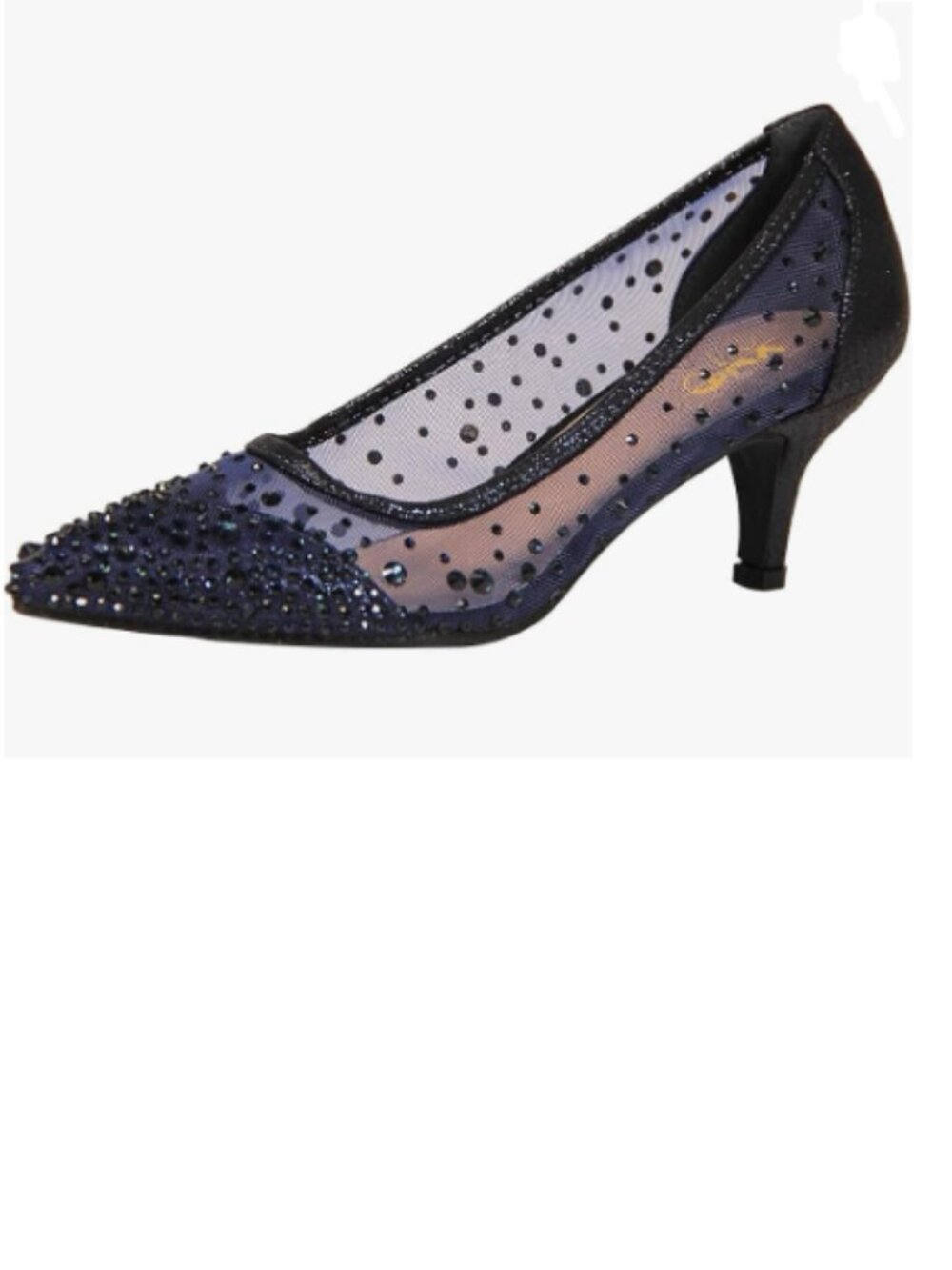 XYD Navy Pointed  Toe Slip On Mesh Pumps Rhinestone Studs Comfy Kitten Heel Shoe